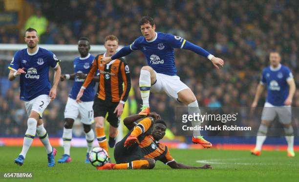Ross Barkley of Everton is tackled by Alfred N'Diaye of Hull City during the Premier League match between Everton and Hull City at Goodison Park on...