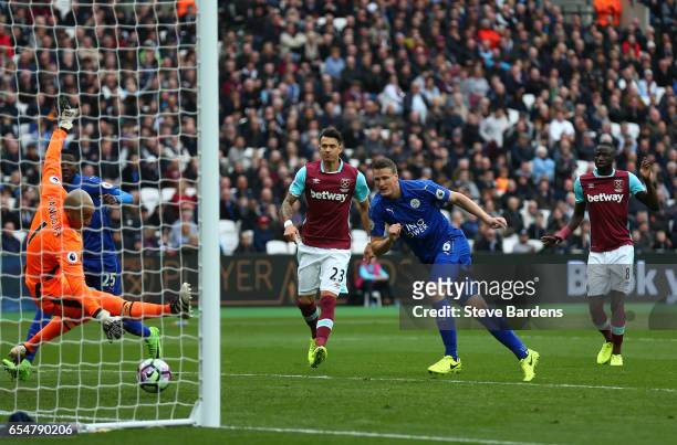 Robert Huth of Leicester City scores his sides second goal past Darren Randolph of West Ham United during the Premier League match between West Ham...