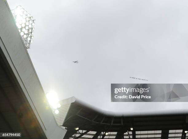 Plane with a banner over the stadium during the Premier League match between West Bromwich Albion and Arsenal at The Hawthorns on March 18, 2017 in...