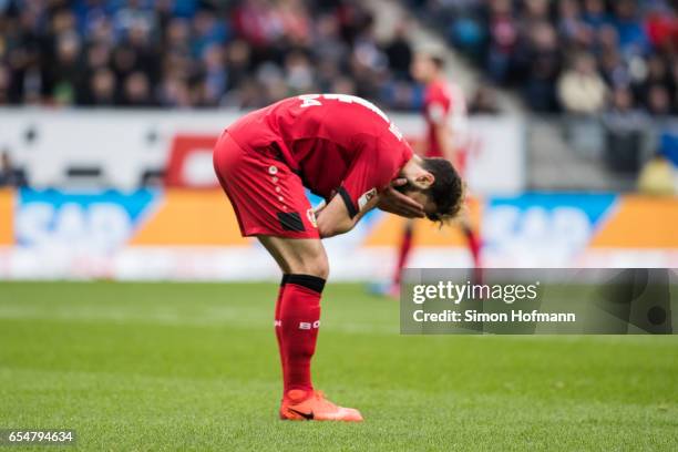 Admir Mehmedi of Leverkusen reacts during the Bundesliga match between TSG 1899 Hoffenheim and Bayer 04 Leverkusen at Wirsol Rhein-Neckar-Arena on...