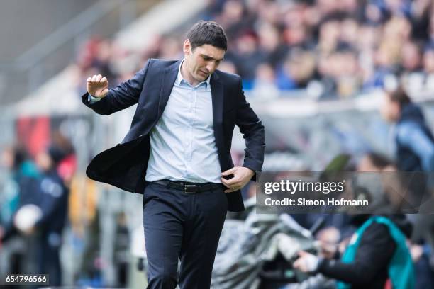 Head coach Tayfun Korkut of Leverkusen reacts during the Bundesliga match between TSG 1899 Hoffenheim and Bayer 04 Leverkusen at Wirsol...