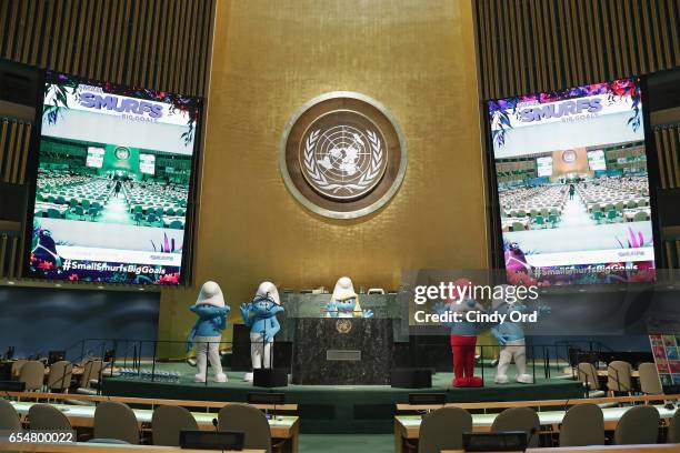 Smurfs at the United Nations Headquarters celebrating International Day of Happiness in conjunction with SMURFS: THE LOST VILLAGE on March 18, 2017...