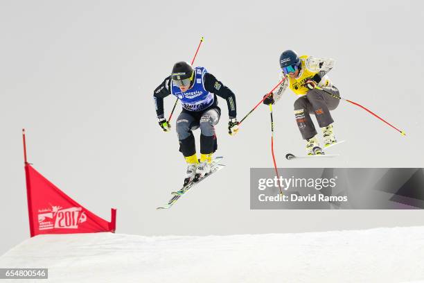 Victor Oehling Norberg of Sweden and Jamie Prebble of New Zealand compete in the Men's Ski Cross final on day eleven of the FIS Freestyle Ski &...