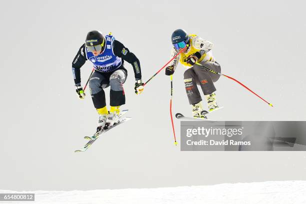 Victor Oehling Norberg of Sweden and Jamie Prebble of New Zealand compete in the Men's Ski Cross final on day eleven of the FIS Freestyle Ski &...