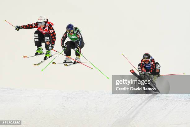 Marielle Thompson of Canada, Marie Berger Sabbatel of France and Georgia Simmerling of Canada compete in the Women's Ski Cross small final on day...