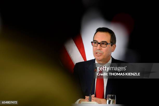 Secretary of the Treasury Steven Mnuchin speaks during a press conference at the G 20 Finance Ministers and Central Bank Governors Meeting in...