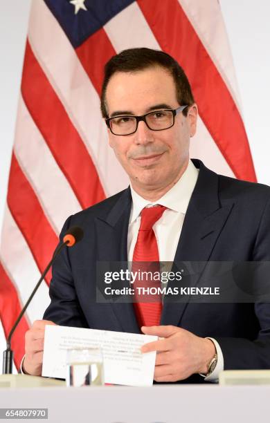 Secretary of the Treasury Steven Mnuchin speaks during a press conference at the G20 Finance Ministers and Central Bank Governors Meeting in...