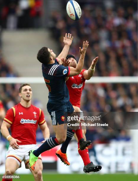 Brice Dulin of France and Leigh Halfpenny of Wales compete for a high ball during the RBS Six Nations match between France and Wales at the Stade de...