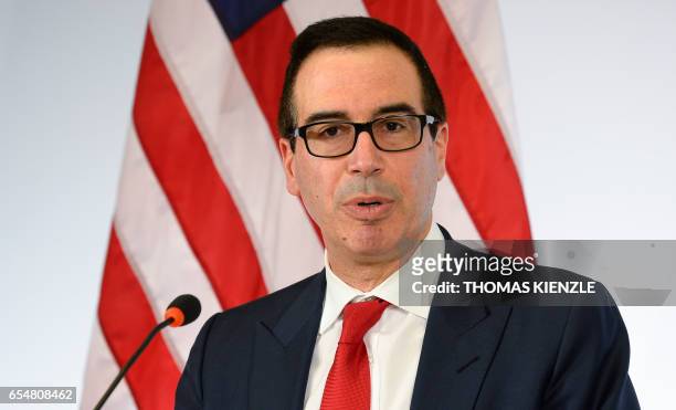 Secretary of the Treasury Steven Mnuchin speaks during a press conference at the G20 Finance Ministers and Central Bank Governors Meeting in...