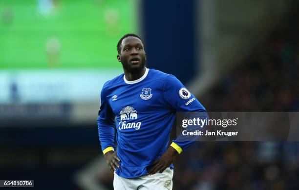 Romelu Lukaku of Everton looks on during the Premier League match between Everton and Hull City at Goodison Park on March 18, 2017 in Liverpool,...