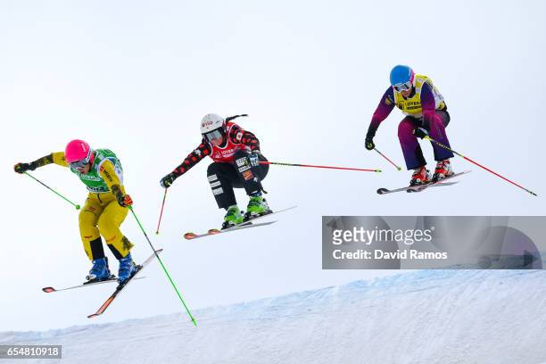 Heidi Zacher of Germany, Marielle Thompson of Canada and Nikol Kucerova of Czech Republic compete in the Women's Ski Cross quarter-final round on day...