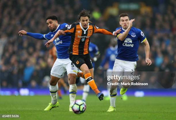 Lazar Markovic of Hull City takes on Ashley Williams and Seamus Coleman of Everton during the Premier League match between Everton and Hull City at...