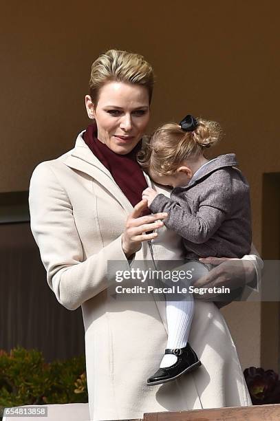 Princess Charlene of Monaco and Princess Gabriella of Monaco attend the Sainte Devote Rugby Tournament on March 18, 2017 in Monte-Carlo, Monaco.