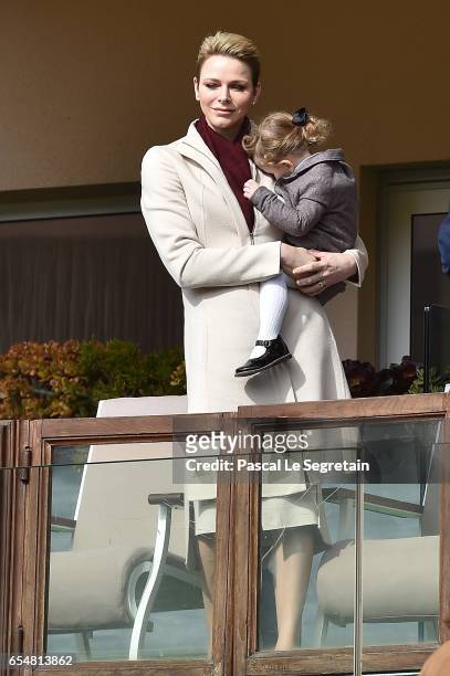 Princess Charlene of Monaco and Princess Gabriella of Monaco attend the Sainte Devote Rugby Tournament on March 18, 2017 in Monte-Carlo, Monaco.