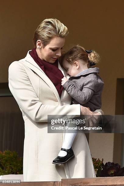 Princess Charlene of Monaco and Princess Gabriella of Monaco attend the Sainte Devote Rugby Tournament on March 18, 2017 in Monte-Carlo, Monaco.