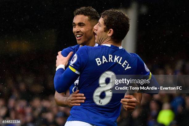 Dominic Calvert-Lewin celebrates his goal with Ross Barkley during the Premier League match between Everton and Hull City at the Goodison Park on...