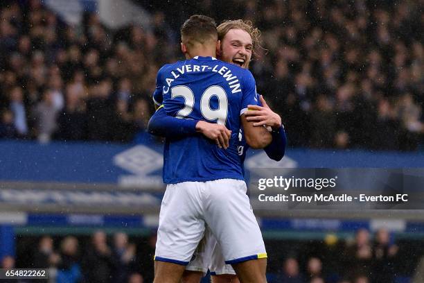 Dominic Calvert-Lewin celebrates his goal with Tom Davies during the Premier League match between Everton and Hull City at the Goodison Park on March...