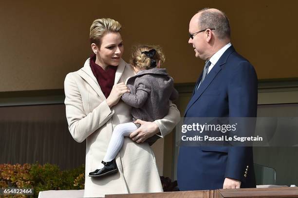 Princess Charlene of Monaco, Princess Gabriella of Monaco and Prince Albert II of Monaco attend the Sainte Devote Rugby Tournament on March 18, 2017...