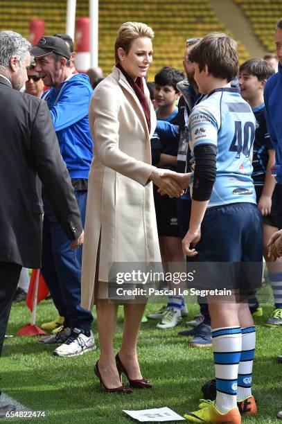 Princess Charlene of Monaco attends the Sainte Devote Rugby Tournament on March 18, 2017 in Monte-Carlo, Monaco.