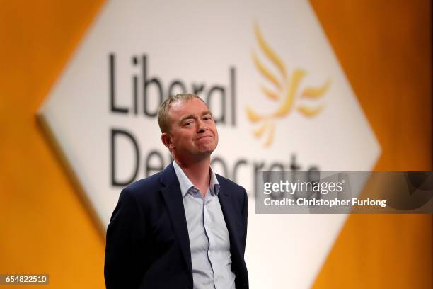Liberal Democrats party leader Tim Farron takes part in a question and answer session from members on the second day of the Liberal Democrats' spring...