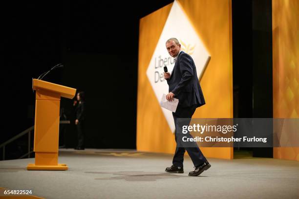 Liberal Democrats party leader Tim Farron takes part in a question and answer session from members on the second day of the Liberal Democrats' spring...