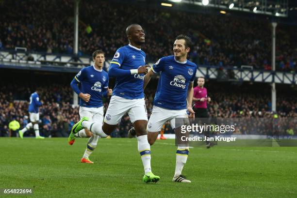 Enner Valencia of Everton celebrates as he scores their second goal with Leighton Baines of Everton during the Premier League match between Everton...