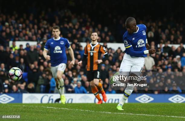 Enner Valencia of Everton scores their second goal during the Premier League match between Everton and Hull City at Goodison Park on March 18, 2017...