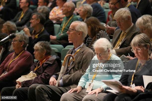 Liberal Democrats members listen to a speaker on the second day of the Liberal Democrats spring conference at York Barbican on March 18, 2017 in...