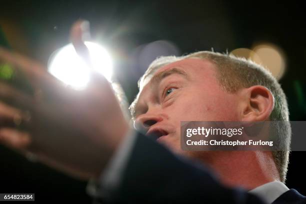 Liberal Democrats party leader Tim Farron takes part in a question and answer session from members on the second day of the Liberal Democrats spring...