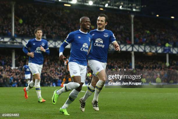 Enner Valencia of Everton celebrates as he scores their second goal with Leighton Baines of Everton during the Premier League match between Everton...