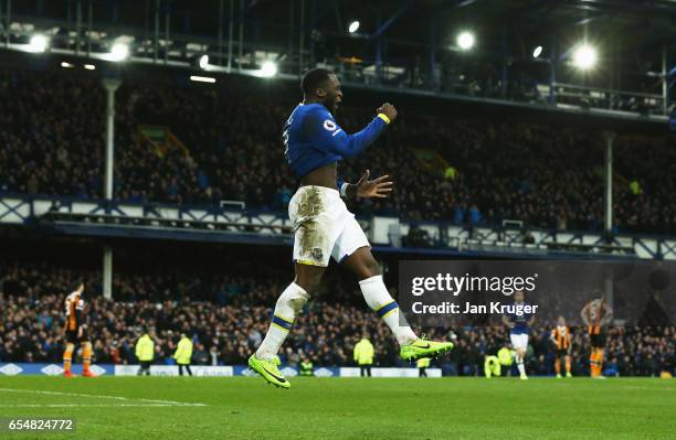 Romelu Lukaku of Everton celebrates as he scores their third goal during the Premier League match between Everton and Hull City at Goodison Park on...