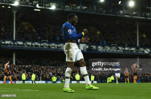 Romelu Lukaku of Everton celebrates as he scores their third goal during the Premier League match between Everton and Hull City at Goodison Park on...