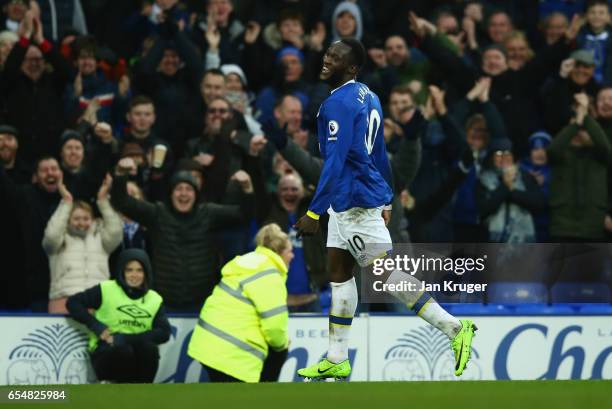 Romelu Lukaku of Everton celebrates as he scores their fourth goal during the Premier League match between Everton and Hull City at Goodison Park on...