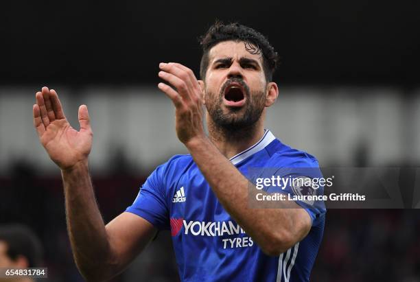 Diego Costa of Chelsea reacts during the Premier League match between Stoke City and Chelsea at Bet365 Stadium on March 18, 2017 in Stoke on Trent,...