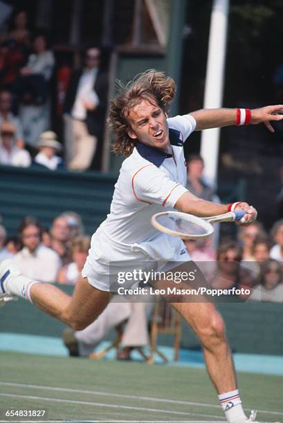 English tennis player John Lloyd pictured in action competing for Great Britain against Spain during the semifinals of the 1979 Davis Cup Europe Zone...