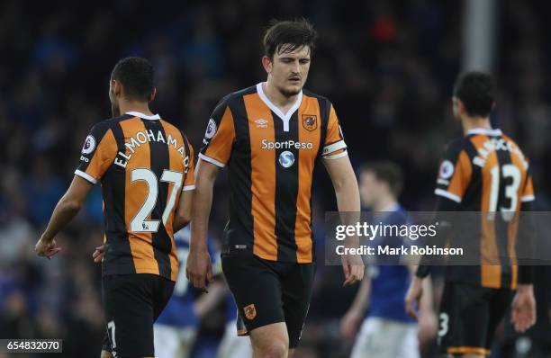 Harry Maguire of Hull City and team mates look dejected in defeat after the Premier League match between Everton and Hull City at Goodison Park on...
