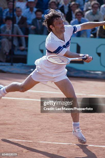 Czechoslovak tennis player Jan Kodes pictured in action competing to reach the second round of the Men's Singles tournament at the 1979 French Open...