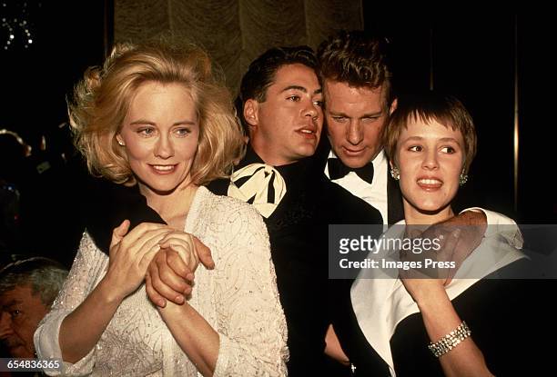Cybill Shepherd, Robert Downey Jr., Ryan O'Neal and Mary Stuart Masterson attend the "Chances Are" Premiere circa 1989 in New York City.