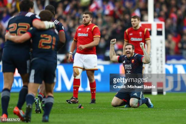 Camille Lopez of France celebrates after kicking the match winning coversion deep in injury time during the RBS Six Nations match between France and...