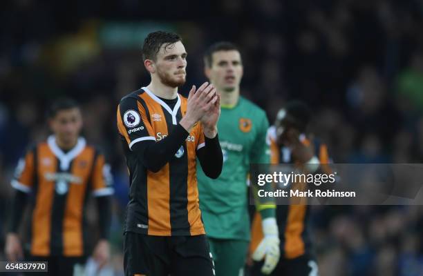 Andrew Robertson of Hull City and team mates look dejected in defeat after the Premier League match between Everton and Hull City at Goodison Park on...