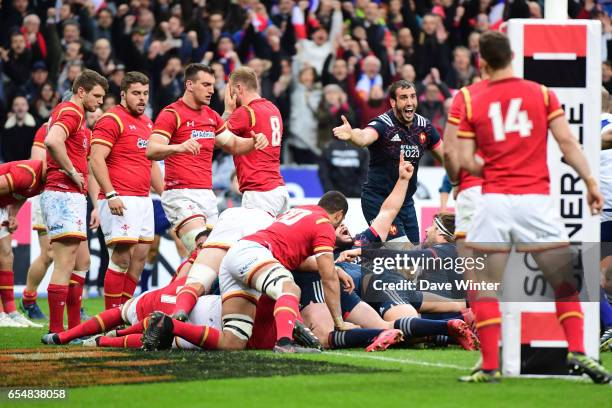 France go over for an equalising try in a match that lasted 100 minutes during the RBS Six Nations match between France and Wales at Stade de France...