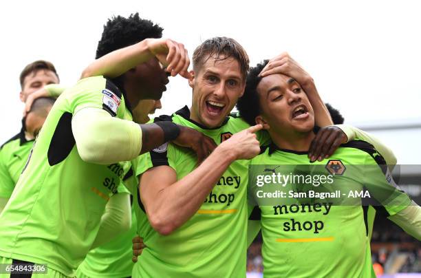 Dave Edwards of Wolverhampton Wanderers celebrates after scoring a goal to make it 1-3 with Helder Costa during the Sky Bet Championship match...