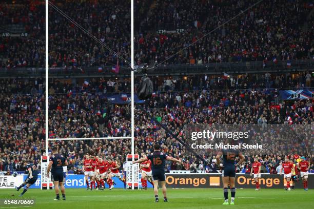 Camille Lopez of France wins the game with a last minute conversion after a try to claim a 20-18 victory during the RBS Six Nations match between...