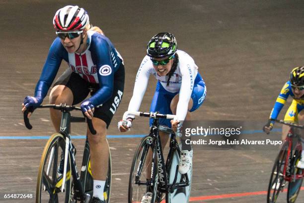 Sarah Hammer of US and Elisa Balsno of Italy compete in the Women's Scratch race of the Omnium on day two of the Belgian International Track Meeting...