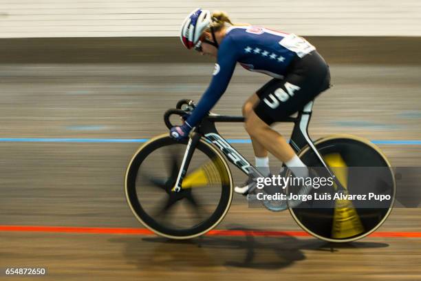 Sarah Hammer of US competes in the Women's Scratch race of the Omniumon day two of the Belgian International Track Meeting 2017 held at the Eddy...