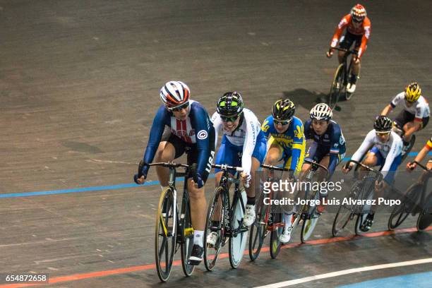 Sarah Hammer of US, Elisa Balsno of Italy, and Ganina Solovei of Ukraine compete in the Women's Scratch race of the Omnium on day two of the Belgian...