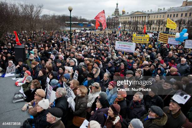 Thousands of peoples stage a demonstration to protest against the transfer of St. Isaac`s Cathedral to the Russian Orthodox Church on the Mars field...