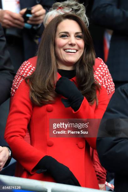 Prince William, Duke of Cambridge and Catherine, Duchess of Cambridge attend the RBS Six Nations match between France and Wales at Stade de France on...