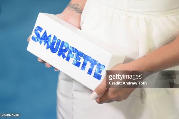 Actress and singer Demi Lovato, bag detail, at the United Nations Headquarters celebrating International Day of Happiness in conjunction with SMURFS:...