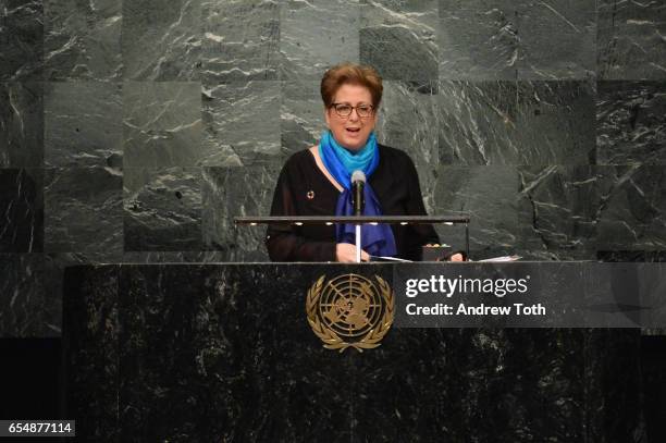 President & CEO of the U.S. Fund for UNICEF Caryl M. Stern speaks at the United Nations Headquarters celebrating International Day of Happiness in...